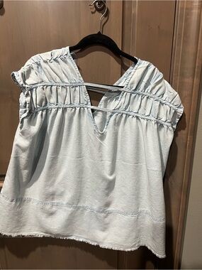 Light Blue V-Neck Gathered Yoke Tunic Top